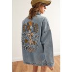 Olalook Kadın Mavi Sırtı Nakış Detaylı Oversize Denim Ceket CKT-19000435