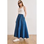 Olalook Kadın Orta Mavi Cepli Denim Maksi Çan Etek ETK-19000410