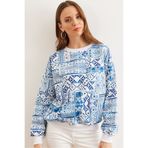 Olalook Kadın Patch Mavi Basic Yumuşak Dokulu Salaş Sweatshirt SWT-19000457