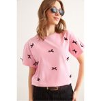 Olalook Kadın Pembe Fiyonk Detaylı Regular Fit Pamuk Tişört TSH-19000844