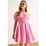 Olalook Kadın Pembe Müslin Yakası Bağcıklı Eteği Astarlı Mini Elbise ELB-19002497