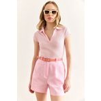 Olalook Kadın Pembe Polo Yaka Kısa Kol Likralı Pamuk Bluz BLZ-19002995