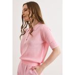Olalook Kadın Pembe Şerit Detaylı Polo Yaka Ajurlu Triko Bluz BLZ-19003227