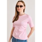 Olalook Kadın Pembe Truvakar Kol Yanı Drape Pamuk Tişört TSH-19000945