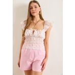 Olalook Kadın Pudra Gipeli Bağcık Detaylı Crop Keten Görünümlü Bluz BLZ-19002973