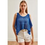 Olalook Kadın Saks Mavi Ajurlu Crop Bolero Triko Bluz