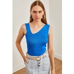 Olalook Kadın Saks Mavi Asimetrik Yaka Crop Triko Bluz
