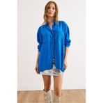 Olalook Kadın Saks Mavi Cepli Oversize Javanes Gömlek GML-19001395