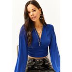 Olalook Kadın Saks Mavi Derin Dekolteli Beli Bantlı Crop Bluz