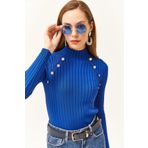 Olalook Kadın Saks Mavi Dik Yaka Kalın Fitilli Düğme Detaylı Triko Bluz