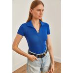 Olalook Kadın Saks Mavi Polo Yaka Örme Bluz BLZ-19002563