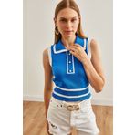 Olalook Kadın Saks Mavi Polo Yaka Şeritli Kolsuz Triko Bluz