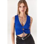 Olalook Kadın Saks Mavi V Yaka Dekolteli Büzgülü Crop Triko Bluz