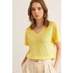 Olalook Kadın Sarı Flamlı V Yaka Crop Tişört TSH-19000861