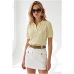 Olalook Kadın Sarı Polo Yaka Çiçek Desenli Ajurlu Triko Bluz BLZ-19003383