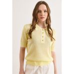 Olalook Kadın Sarı Şerit Detaylı Polo Yaka Ajurlu Triko Bluz BLZ-19003227