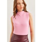 Olalook Kadın Şeker Pembe Dik Yaka Soft Touch Esnek Bluz BLZ-19002766