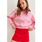 Olalook Kadın Şeker Pembe İnci Detaylı Şardonlu Crop Kalın Sweatshirt SWT-19000663