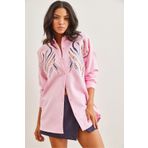 Olalook Kadın Şeker Pembe Pul Payetli Yün Efektli Oversize Kışlık Gömlek GML-19001157