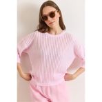 Olalook Kadın Şeker Pembe Saç Örgü Ajurlu Loose Fit Mevsimlik Triko Bluz BLZ-19003225