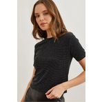 Olalook Kadın Siyah Bisiklet Yaka Simli Parlak Crop Bluz BLZ-19002787