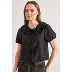 Olalook Kadın Siyah Boho Dantel Garnili Fiyonk Kapama Bluz BLZ-19003261