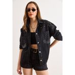 Olalook Kadın Siyah Boncuk ve Taş Detaylı Oversize Denim Ceket CKT-19000433