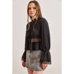 Olalook Kadın Siyah Dantel Detaylı Dokulu Boho Bluz BLZ-19003243