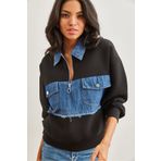 Olalook Kadın Siyah Denim Detaylı Polo Yaka Fermuarlı Şardonlu Sweatshirt