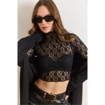 Olalook Kadın Siyah Dik Yaka Bel Üstü Crop Dantel Bluz BLZ-19003229