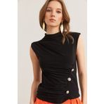 Olalook Kadın Siyah Drape Detaylı Beli Düğmeli Sandy Bluz BLZ-19002880