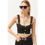 Olalook Kadın Siyah Düğme Detaylı Askılı Crop Triko Bluz BLZ-19002551