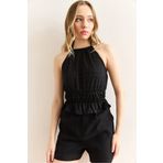 Olalook Kadın Siyah Halter Yaka Beli Lastikli Fisto Bluz BLZ-19003008