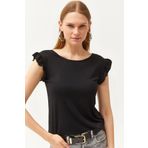 Olalook Kadın Siyah Kolu Fırfırlı Sırtı Bağlamalı Örme Viskon Bluz BLZ-19002555