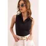 Olalook Kadın Siyah Polo Yaka Düğmeli Fitilli Crop Bluz BLZ-19002876