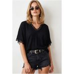 Olalook Kadın Siyah V Yaka Dökümlü Yazlık Triko Bluz BLZ-19003365