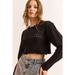 Olalook Kadın Siyah Yaka Detaylı Ajurlu Crop Triko Bluz BLZ-19003121