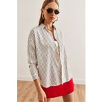 Olalook Kadın Siyah Yarasa Çizgili Oversize Keten Gömlek GML-19001235