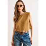 Olalook Kadın Taba Flam Keten Crop Bluz BLZ-19002925