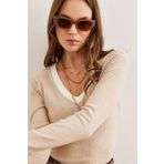 Olalook Kadın Taş Beyaz Yaka Detaylı Şardonlu Likralı Bluz BLZ-19002746