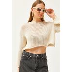 Olalook Kadın Taş Pis Yaka Ajurlu Crop Pamuk Triko Bluz BLZ-19002560