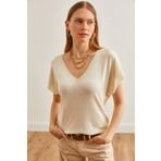 Olalook Kadın Taş V Yaka Dökümlü Basic Triko Bluz BLZ-19002663