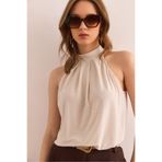 Olalook Kadın Taş Yaka Düğmeli Halter Yaka Dökümlü Bluz BLZ-19002673