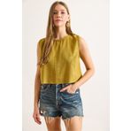 Olalook Kadın Yağ Yeşili Flam Keten Crop Bluz BLZ-19002925