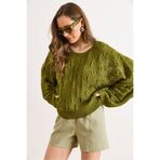 Olalook Kadın Yağ Yeşili Geometrik Detaylı Loose Fit Mevsimlik Triko Bluz BLZ-19003327