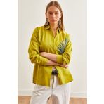 Olalook Kadın Yağ Yeşili Palmiye Pul Detaylı Oversize Dokuma Poplin Gömlek GML-19001016