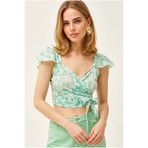 Olalook Kadın Yeşil Çizgili Yandan Fermuarlı Crop Krep Bluz BLZ-19003350