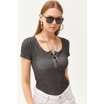 Olalook Kadın Yıkamalı Antrasit Çıtçıtlı Kaşkorse Bluz BLZ-19000171
