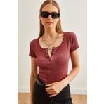 Olalook Kadın Yıkamalı Bordo Çıtçıtlı Kaşkorse Bluz BLZ-19000171
