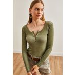 Olalook Kadın Yıkamalı Haki Patlı Kaşkorse Bluz BLZ-19000588